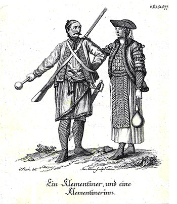 A Kelmendi man and woman (Copperplate etching by Jacob Adam of Vienna).