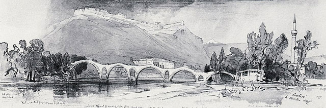 Edward Lear. View of the fortress of Shkodra (Scodra) and the Ottoman Bridge from Bahçallëk (the Gardens), October 1848.