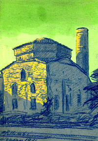Watercolour of the Agai Mosque in Elbasan (Fadil Pullumbi, 1971).
