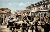 Carriages in Shkodra. Early coloured postcard.