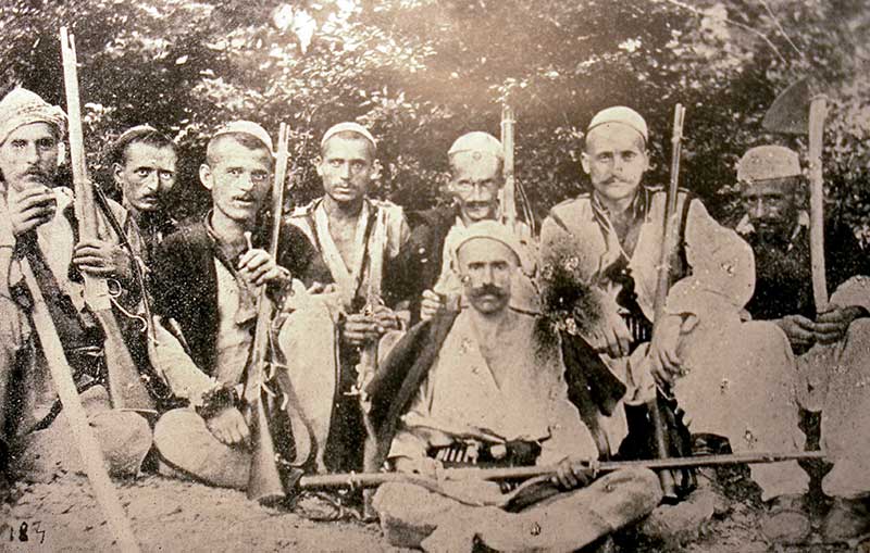 “Highland Ghegs of the Dukagjin tribe near Koman on the Drin River” (Photo: Alexandre Baschmakoff, September 1908).