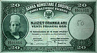 Albanian banknote: twenty gold francs.